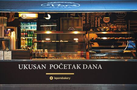 Cacak, Serbia - July 17, 2018: Bakery small shops in city park besides the river Morava, summer season.のeditorial素材