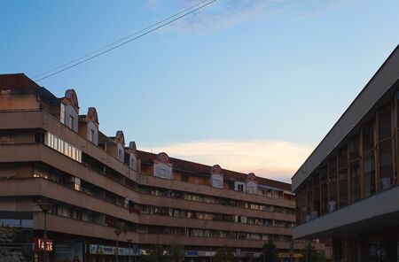 Cacak, Serbia - July 26, 2018: Downtown details during evening, summer season, main public square architecture structure.のeditorial素材
