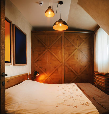 Interior of a small apartment, bedroom details.の写真素材