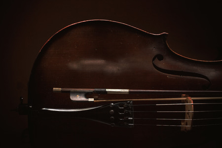 Part of an old dusty cello, details of old wood and strings, accentuated shapes in dark.の写真素材