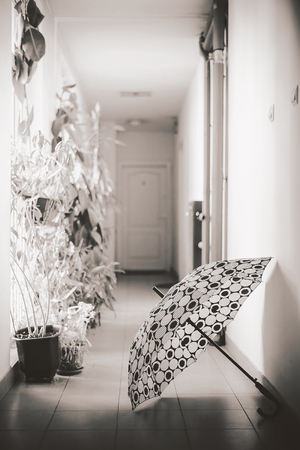 Just an umbrella in a building hall, in front of an entrance of apartment, in black and white.の写真素材