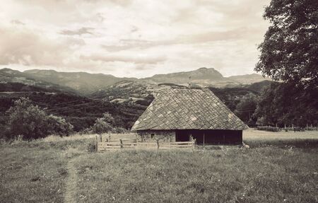 Exterior of a sheep house, during summer day.の写真素材