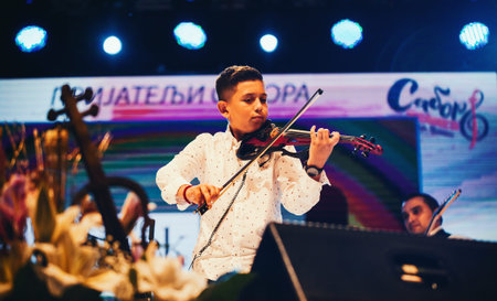 Pranjani, Serbia - August 18, 2019: Young violinist Joca Piromanac Vasic, junior winner of the first festival of violinists in Serbia.のeditorial素材
