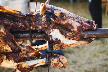 Details of a roasted ox, traditional way of preparing meat in Serbia.の写真素材