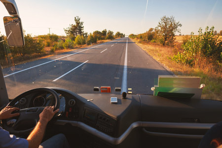 Traveling by bus, scene from the highway in Greece.の写真素材