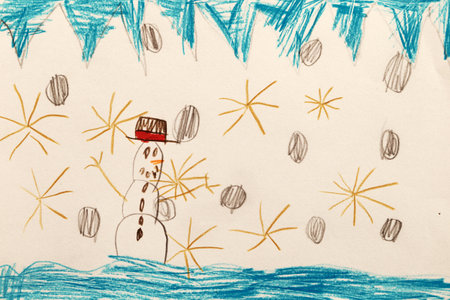 Seven year child's drawing, snowman and snowflakes, concept of Happy New Year.の写真素材