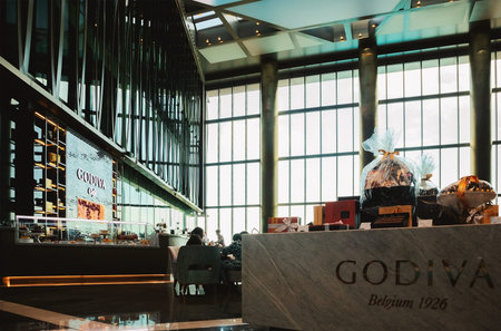 Dubai, United Arab Emirates - January 21, 2022: Interior of Godiva cafe in Dubai Marina during day.