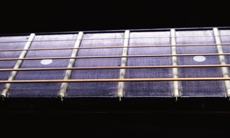 Details of an acoustic guitar neck and fretboard.