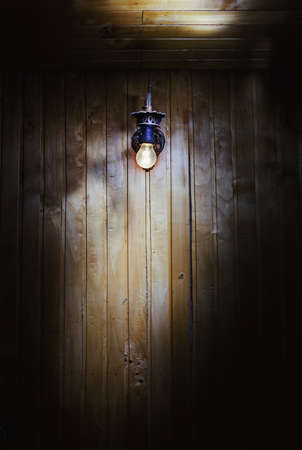 Simple composition, turned on light bulb on wooden wall.の写真素材