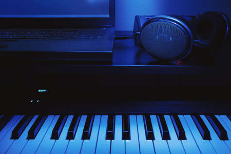 Details of simple and modern home studio for composing and recording.の写真素材