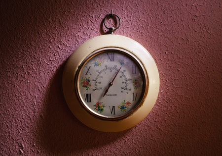 Old decorative thermometer on old rustic purple wall.
