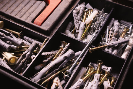 Closeup view on various screws and anchors in a box.