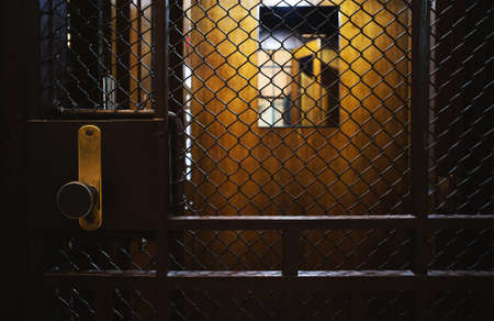 Detail of metal mesh door with handle from the old elevator.の写真素材