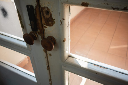 Details of an old white wooden door in an old hall.の写真素材
