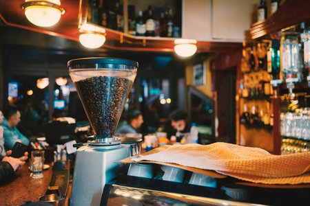 View with focus on the coffee machine, in the background the cafe and visitors are blurred.