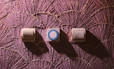 Three light switches and a bell on the pink rough wall of a house.の写真素材