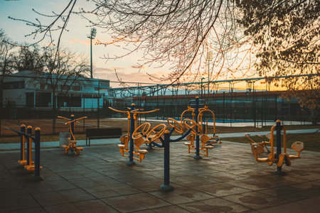 Street equipment for recreation and exercise, in the background details of sports fields.の写真素材