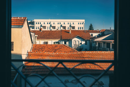 View from the window on the roofs of buildings, fences in the foreground in blur.