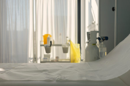 An empty bed prepared for the next patient, in a hospital room with accompanying equipment, next to the window.の写真素材