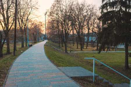 Walking along the ramparts of the city park, Cacak city in Serbia, winter period without snow.の写真素材