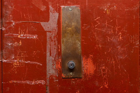 Metal button on a red scratched tin wall.の写真素材