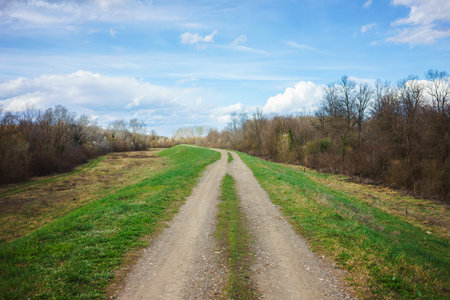 Country road in central Serbia, near Belgrade near the Sava river, early spring.