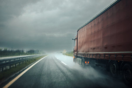 Overtaking a truck on the highway in the rain. Cloudy, rainy weather with poor visibility.