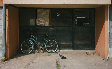 A bicycle is parked in the side entrance of the building, a pigeon sits in front.の写真素材