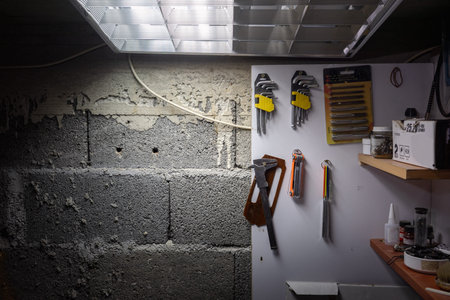 Details of a craft workshop, a wall with hanging tools.