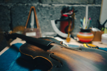 Repair and restoration of an old violin, on the table, detail of the workshop.の写真素材