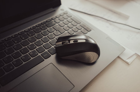 Details of business office life, mouse on open laptop, documents in background on white table.