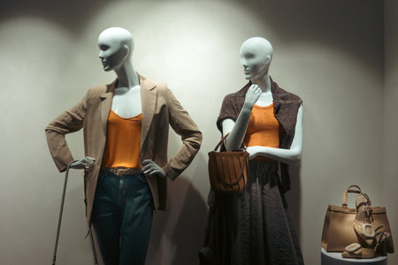 Two fashion dolls in the window, new spring collection.の写真素材