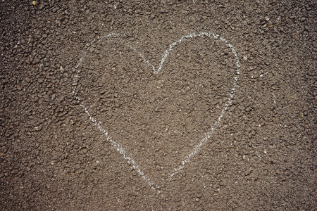 A heart drawn on the asphalt in a park during a spring day.の写真素材