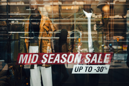 Mid season sale up to 30% inscription on the shop window.の写真素材