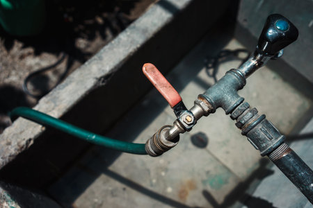 A fountain in the yard with an attached hose for watering flowers.