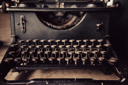 Old black typewriter close up, details of structure and material.の写真素材