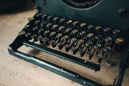 Old black typewriter close up, details of structure and material.の写真素材