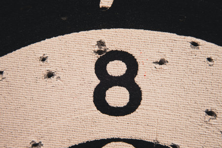 Number 8 on a used dartboard, close up view.の写真素材