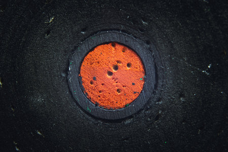 Red stabbed cork center on dart board, close up view.