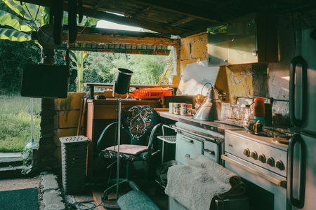 Old things of an old household, a corner of a part of the yard under a canopy.の写真素材