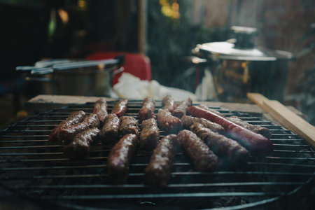 Kebabs and sausages on the grill, close-up view.