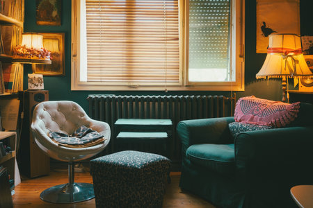 Room decoration in retro style, furniture details and old lamps by the window.の写真素材