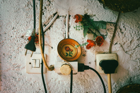 Old wall with electrical outlets with decorative emblem and artificial roses.の写真素材