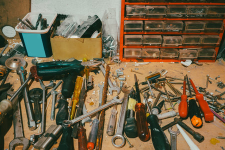 A group of different tools in a household garage.の写真素材
