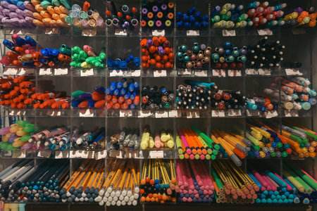Multi-colored felt-tip pens and wooden graphite pencils on a shelf in a store.の写真素材