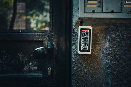 Modern intercom on the wall of an old building, close up view.の写真素材