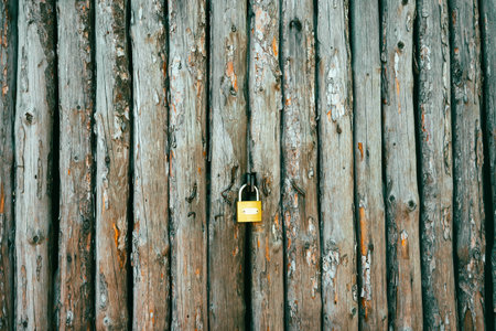 Padlock on old wooden plank door, material details, abstract composition.の写真素材