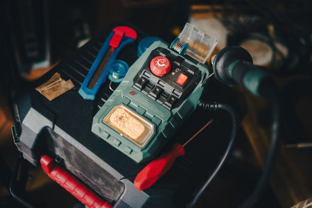 Modern soldering iron on the case, close-up view.の写真素材