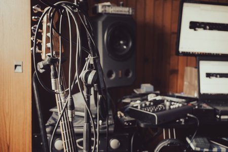 Microphone stand cables, home recording, equipment and instruments.の写真素材