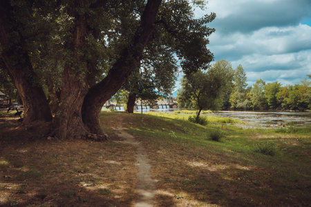 River landscape in summer - Western Morava near the town of Cacak in Serbia.の写真素材